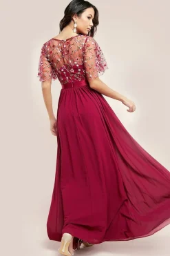 Embroidered Top Flutter Sleeve Maxi - Burgundy by Goddiva