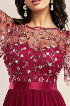 Embroidered Top Flutter Sleeve Maxi - Burgundy by Goddiva