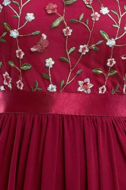 Embroidered Top Flutter Sleeve Maxi - Burgundy by Goddiva