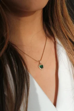 Emerald Green Diamante Heart Necklace And Earrings Set In Gold by SVNX