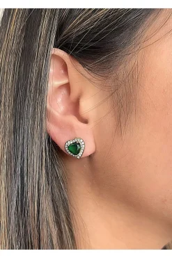Emerald Green Diamante Heart Necklace And Earrings Set In Gold by SVNX