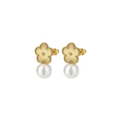 Etched Flower Stud In Gold With Faux Pearl Drop by Last True Angel