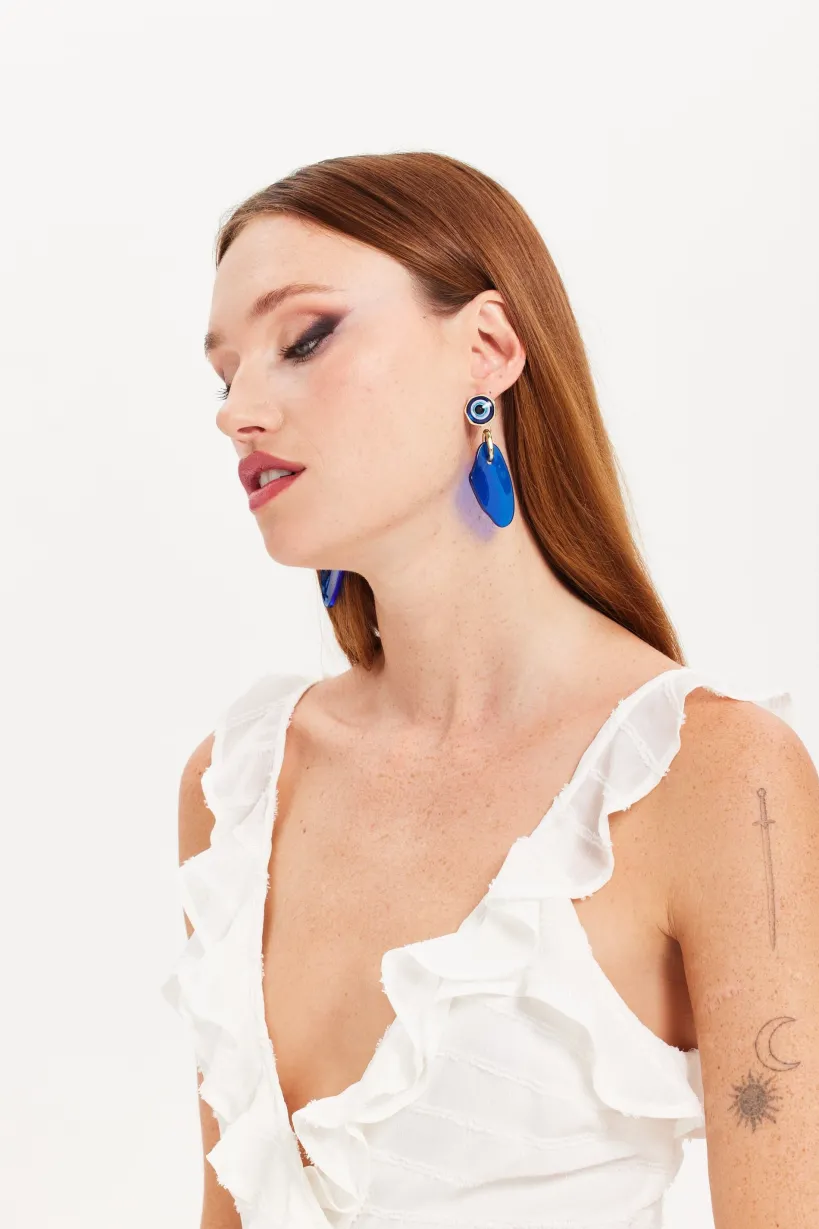 Evil Eye Drop Style Earring With Abstract Shape Detail by Liquorish