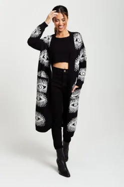 Eye Pattern Longline Cardigan In Black by Liquorish