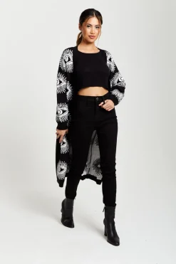 Eye Pattern Longline Cardigan In Black by Liquorish