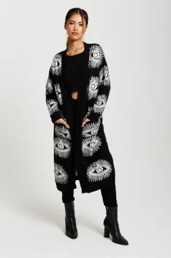 Eye Pattern Longline Cardigan In Black by Liquorish