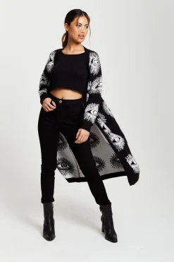 Eye Pattern Longline Cardigan In Black by Liquorish