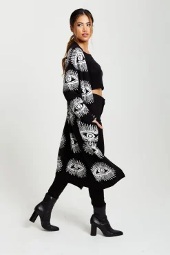 Eye Pattern Longline Cardigan In Black by Liquorish