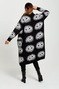 Eye Pattern Longline Cardigan In Black by Liquorish