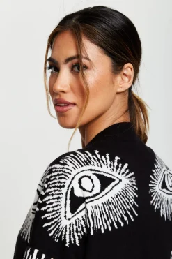 Eye Pattern Longline Cardigan In Black by Liquorish