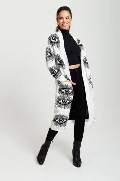 Eye Pattern Longline Cardigan In White by Liquorish