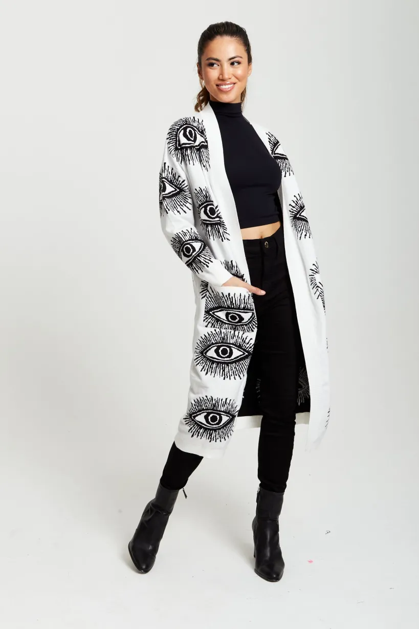 Eye Pattern Longline Cardigan In White by Liquorish