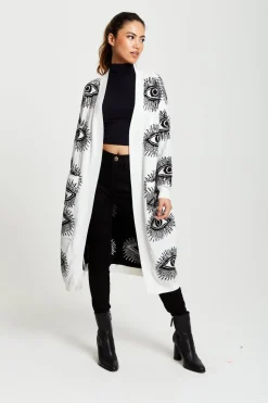 Eye Pattern Longline Cardigan In White by Liquorish