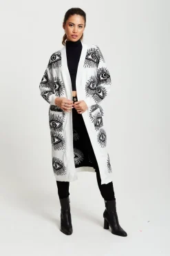 Eye Pattern Longline Cardigan In White by Liquorish