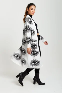 Eye Pattern Longline Cardigan In White by Liquorish
