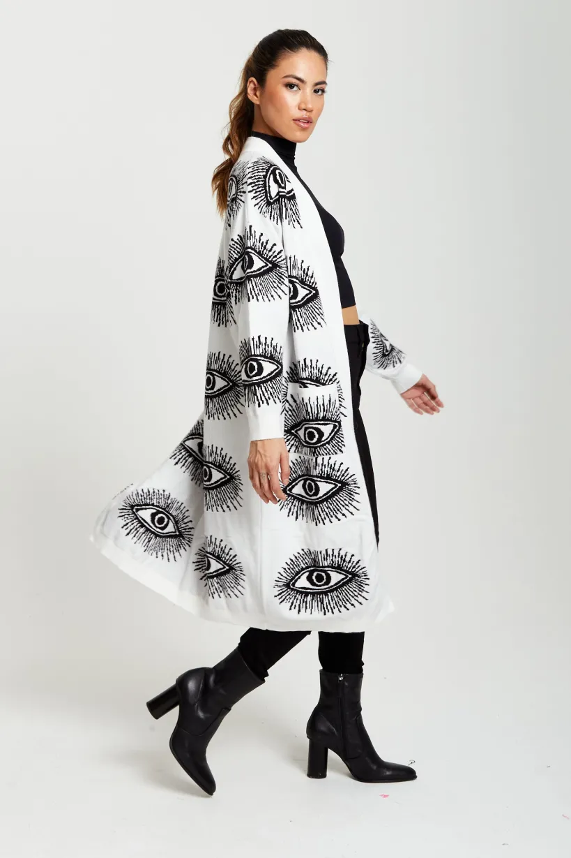 Eye Pattern Longline Cardigan In White by Liquorish