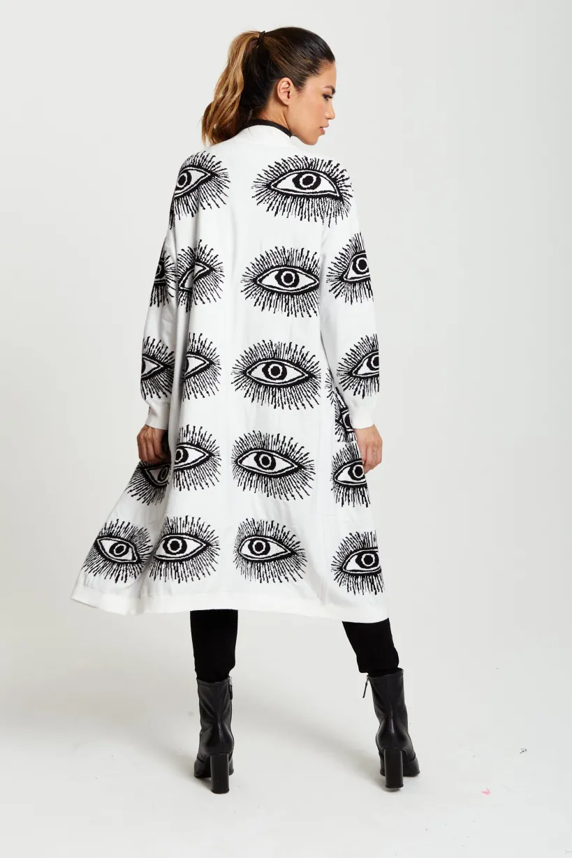 Eye Pattern Longline Cardigan In White by Liquorish