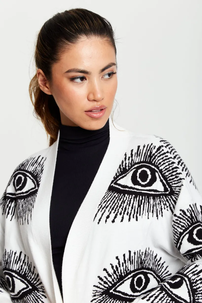 Eye Pattern Longline Cardigan In White by Liquorish