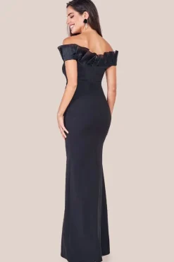 Fan Pleated Bardot Scuba Crepe Maxi - Black by Goddiva