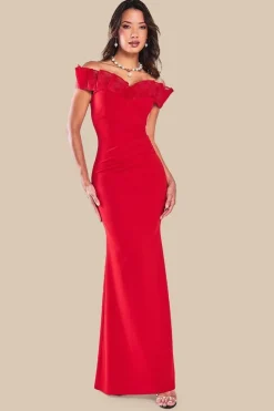 Fan Pleated Bardot Scuba Crepe Maxi - Red by Goddiva