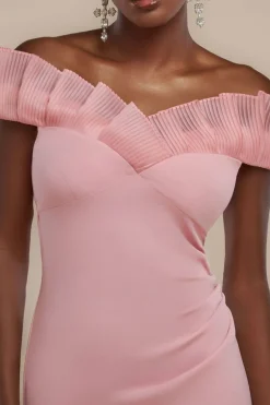 Fan Pleated Bardot Scuba Crepe Maxi Dress - Blush Pink by Goddiva