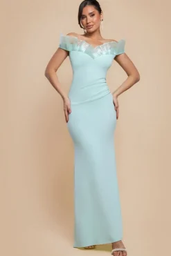 Fan Pleated Bardot Scuba Crepe Maxi Dress - Mint Green by Goddiva