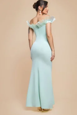 Fan Pleated Bardot Scuba Crepe Maxi Dress - Mint Green by Goddiva