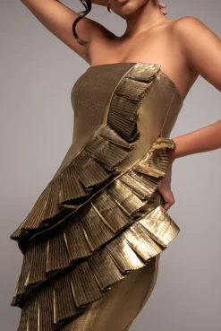 Fan Pleated Boobtube Scuba Crepe Mini - Gold by Goddiva