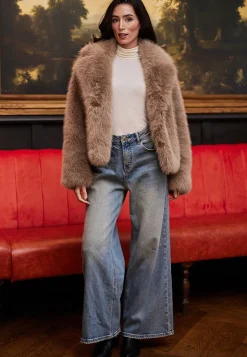 Faux Fur Short Coat In Coffee by Angeleye