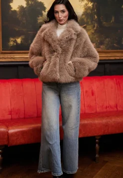 Faux Fur Short Coat In Coffee by Angeleye