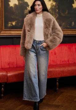 Faux Fur Short Coat In Coffee by Angeleye