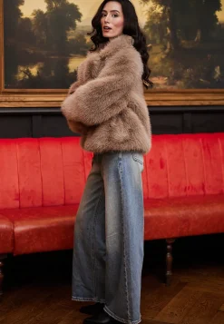 Faux Fur Short Coat In Coffee by Angeleye
