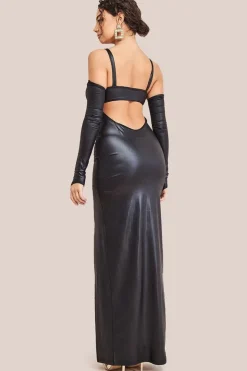 Faux Leather Cut Out Maxi Dress - Black by Goddiva