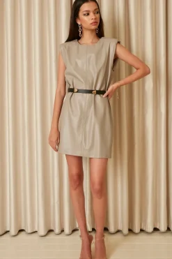 Faux Leather Padded Shoulder Dress With Belt by Urban Touch