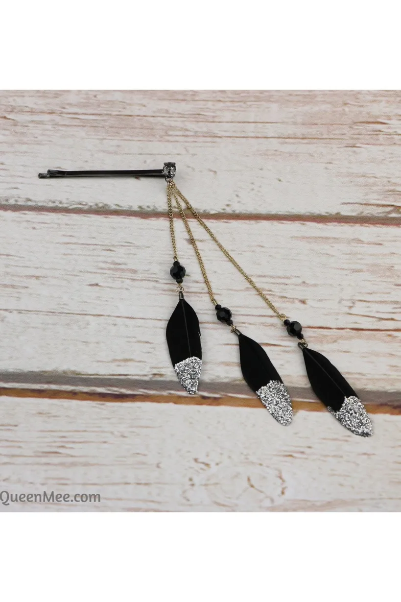 Feather Hair Clips With Glitter by QueenMee Accessories