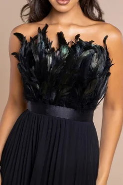 Feather Off The Shoulder Pleated Evening Maxi Dress - Black by Goddiva