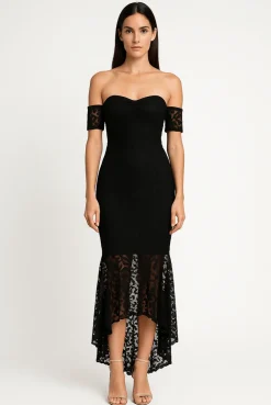 Fishtail Style Hem Off Shoulder Slim Fit Lace Midi Dress by Avinci