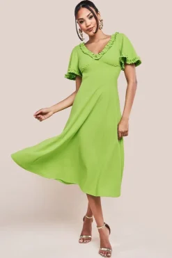 Flare Sleeve Frill Edge Midi Dress - Lime Green by Goddiva