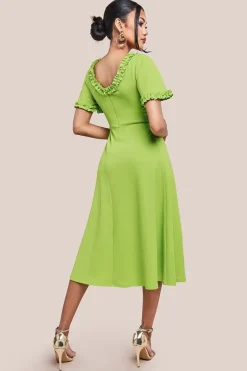 Flare Sleeve Frill Edge Midi Dress - Lime Green by Goddiva