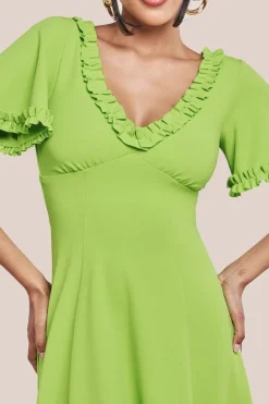 Flare Sleeve Frill Edge Midi Dress - Lime Green by Goddiva
