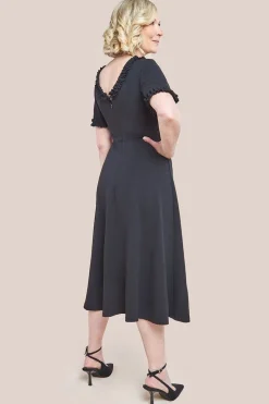Flare Sleeve Frill Edge Midi Dress - Black by Goddiva