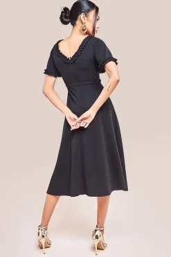 Flare Sleeve Frill Edge Midi Dress - Black by Goddiva