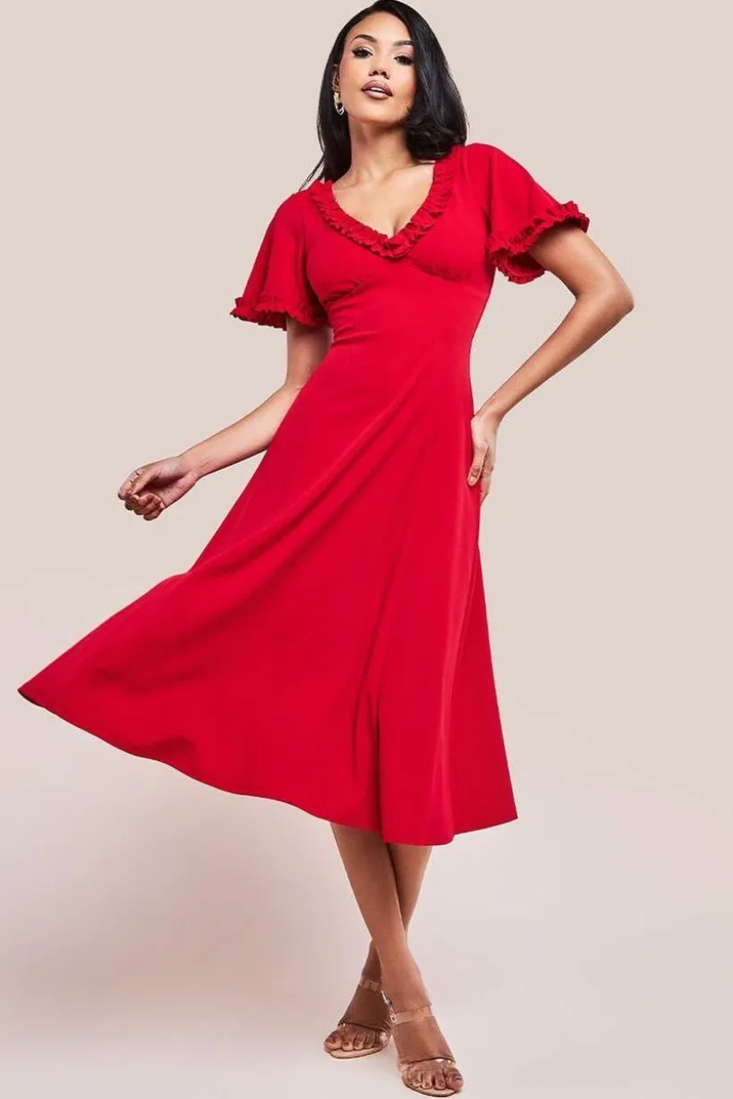Flare Sleeve Frill Edge Midi Dress - Red by Goddiva