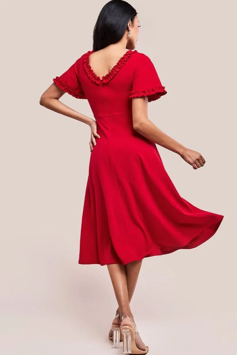 Flare Sleeve Frill Edge Midi Dress - Red by Goddiva