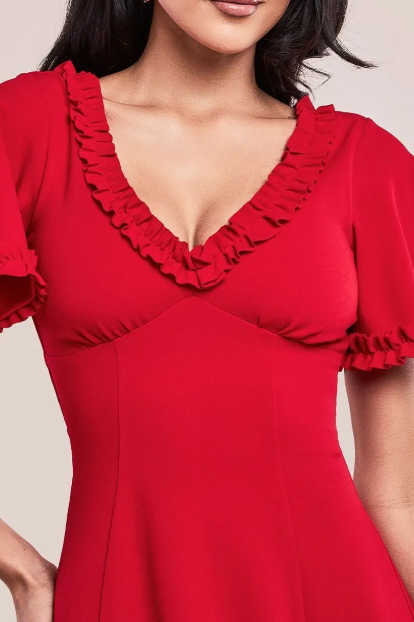 Flare Sleeve Frill Edge Midi Dress - Red by Goddiva