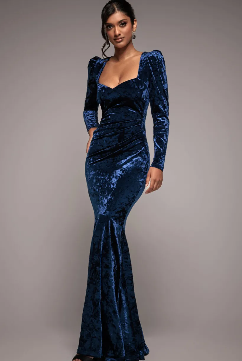 Flared Hem Ice Velvet Maxi - Navy by Goddiva