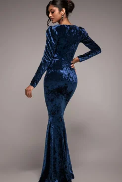 Flared Hem Ice Velvet Maxi - Navy by Goddiva