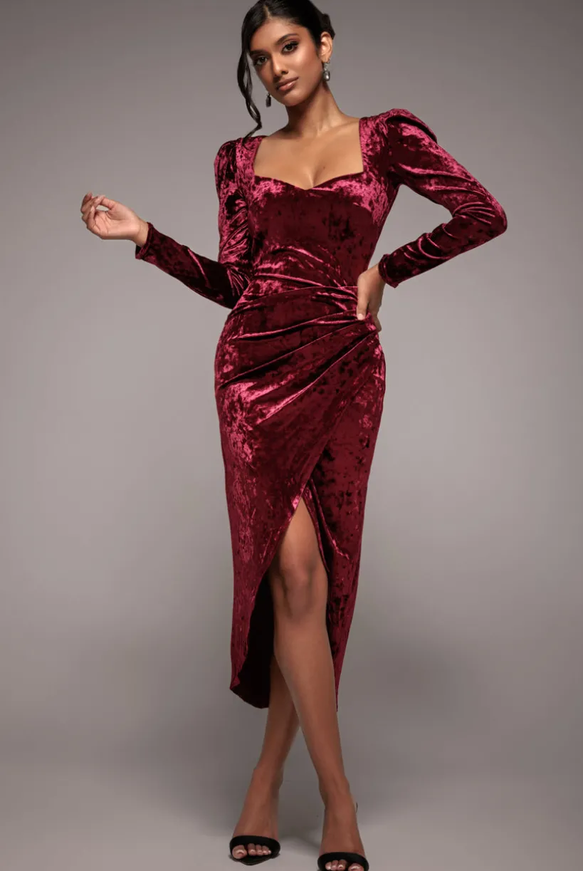 Flared Hem Ice Velvet Midi - Burgundy by Goddiva