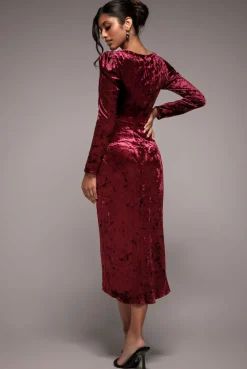 Flared Hem Ice Velvet Midi - Burgundy by Goddiva
