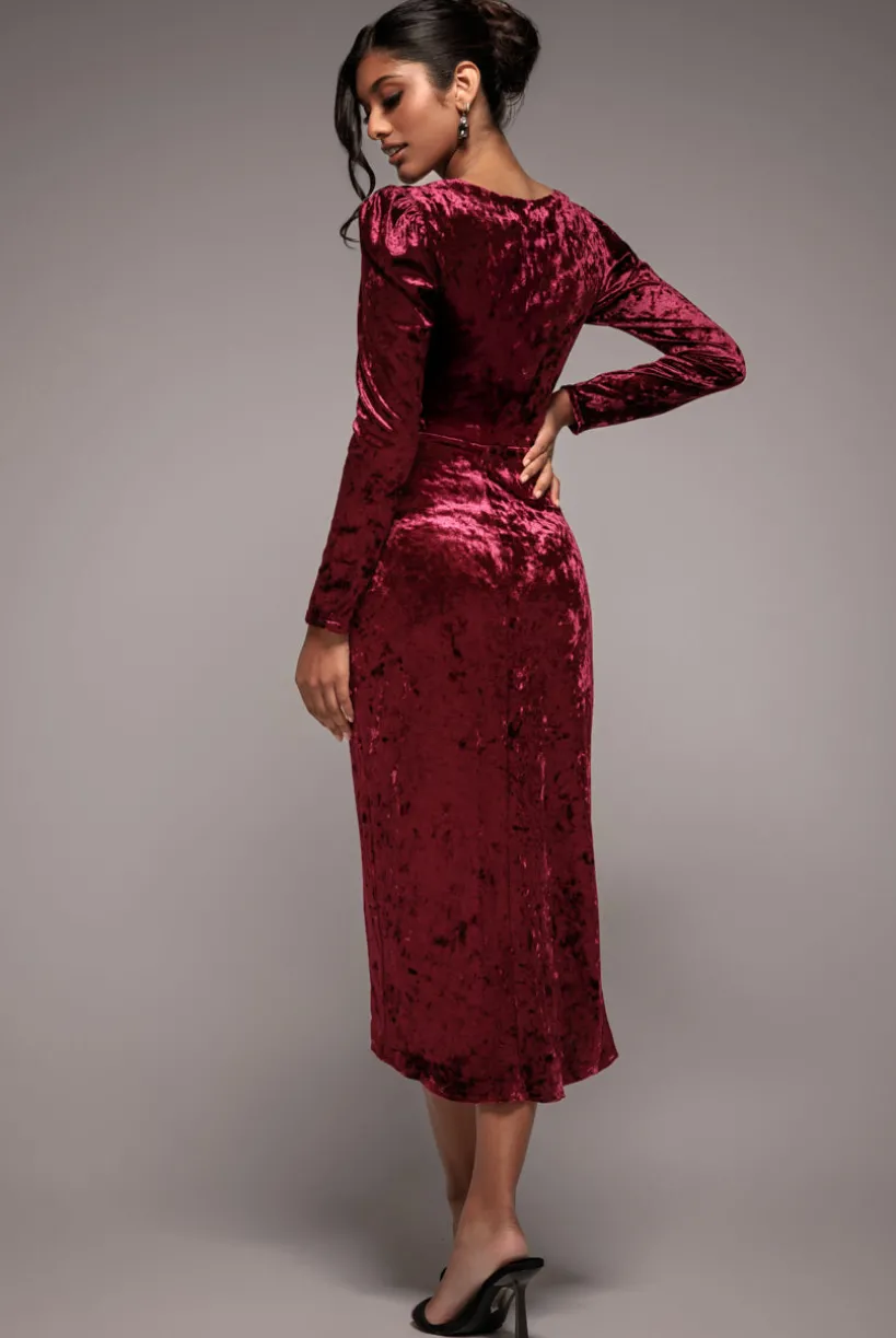 Flared Hem Ice Velvet Midi - Burgundy by Goddiva